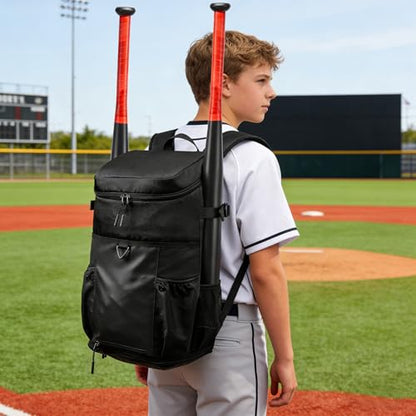 Baseball Backpack Equipment Bag for Adult with 2/4 Bat Holder & Fence Hook Lightweight Mens Softball Bag with Shoes Compartment Coaches Catchers Team Baseball Gear Bags Youth Boys - color: 1 Black