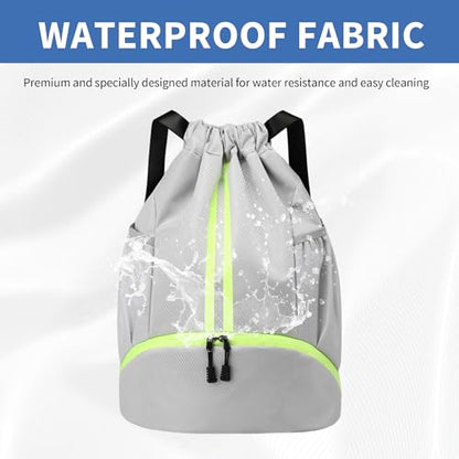 JELUTAR Drawstring Backpack Gym Bag with Shoes Compartment for Soccer, Basketball, Swim, Water-Resistant String Backpack Beach Cinch for Women Men, Grey