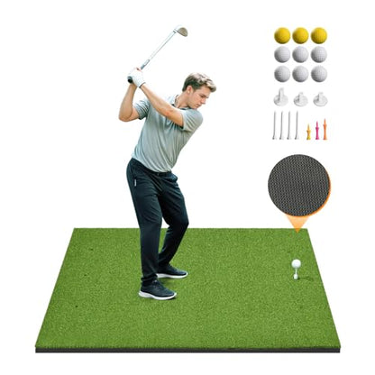 Golf Hitting Mat 5×4ft, Thickened 21/31/36mm Golf Practice Mat for Indoor Outdoor, Top-Notch Artificial Turf Driving Matt with 9 PU Balls+3 Rubber Tee+7 Tee