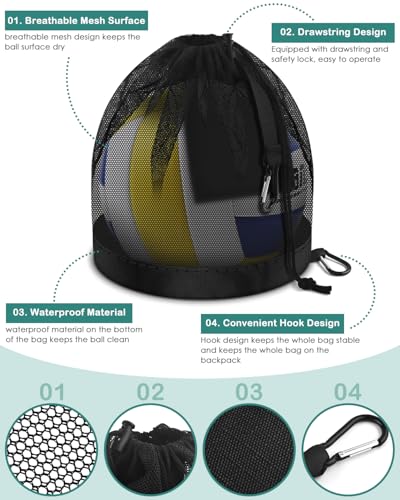 BROTOU Single Ball Bag with Double Hook, Balls Storage Bags with Zipper Pocket, Drawstring Sling Backpack for Soccer Basketball Football Volleyball Rugby