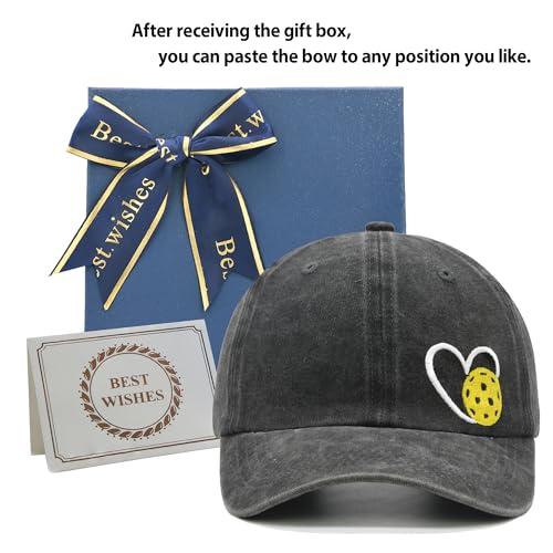 Pickleball Hat with Gift Box, Pickleball Gifts for Women Men, Adjustable Embroidered Heart Baseball Cap - color: Black