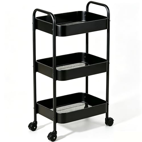 3-Tier Metal Rolling Utility Cart with Handle, Multi-Functional Storage Trolley for Office, Living Room, Kitchen, Movable Storage Organizer with Wheels, Black