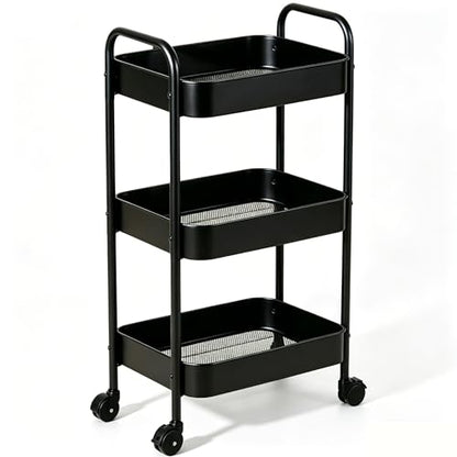 3-Tier Metal Rolling Utility Cart with Handle, Multi-Functional Storage Trolley for Office, Living Room, Kitchen, Movable Storage Organizer with Wheels, Black