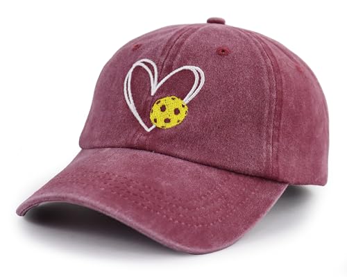 Pickleball Baseball Cap for Men Women, Funny Adjustable Embroidered Cotton Outdoor Sport Pickle Ball Heart Hat - color: Burgundy