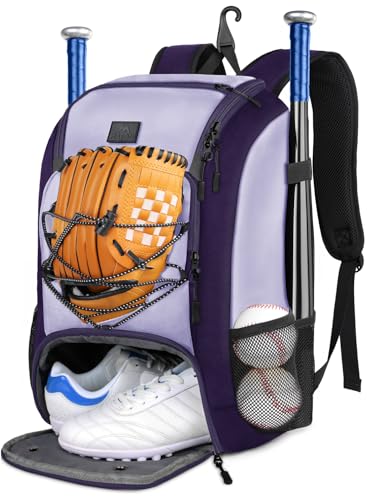 MATEIN Baseball Backpack, Softball Bat Bag with Shoes Compartment for Youth, Boys and Adult, Lightweight Baseball Bag with Fence Hook Hold TBall Bat, Batting Mitten, Helmet, Caps, Teeball Gear - color: Purple, size: 47L