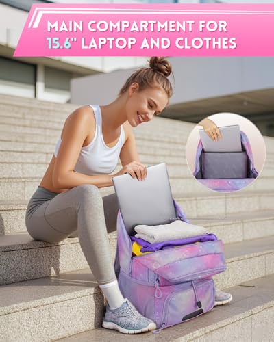MATEIN Girls Soccer Backpack, Large Basketball Bag with Ball Holder & Shoe Compartment for Tournament & Game Day, Lightweight Youth Sports Bag with Fence Hook Fits 15.6 Inch Laptop, Soccer Team Gifts - color: Pink Purple