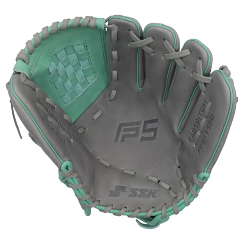 SSK FP5 Fastpitch Softball Glove – Infield - Outfield - Pitcher – 11.5”-11.75”-12”-12.25”-12.5”-12.75”-13”– Right & Left Hand Throw - color: Grey/Mint - Basket Web, size: 11.5" - Right Hand Throw