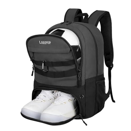 LARIPOP Soccer Backpack with Ball Holder & Shoe Compartment Large Capacity Youth Sports Bag for Training - color: Dark Grey