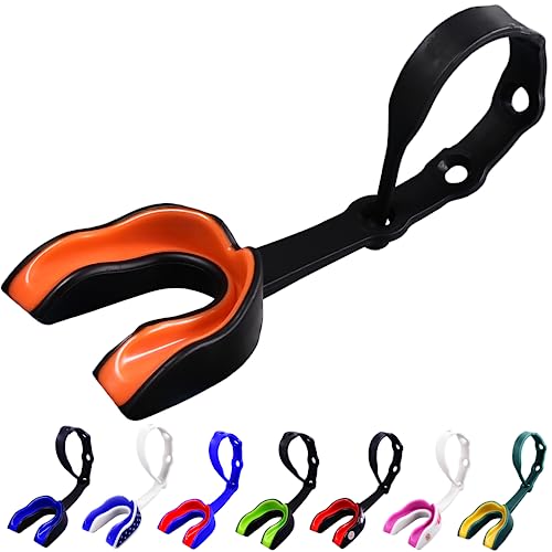Oral Mart Strapped Mouth Guard for Football, Lacrosse, Ice Hockey, Taekwondo (USA Flag, Fangs, 15+ Colors to Choose from) - Sports Mouthguard with Fixed Strap (Strapped, Youth or Adult) - color: Orange and Black, size: Youth (Age 12 & Below)