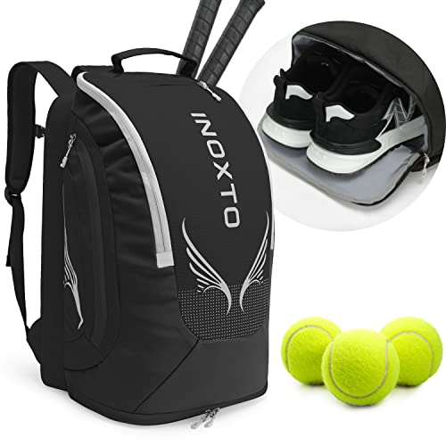 INOXTO 40L Tennis Backpack for Men & Women, Large Pickleball Bag With Independent Shoe Storage, Waterproof & Breathable, Holds 2 Tennis Rackets for Badminton, Travel & Camping - color: Black