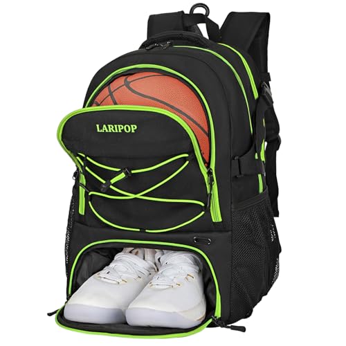 LARIPOP Basketball Backpack Large Basketball Bag with Ball Holder & Shoe Compartment for Youth Adults Men Women - color: Green
