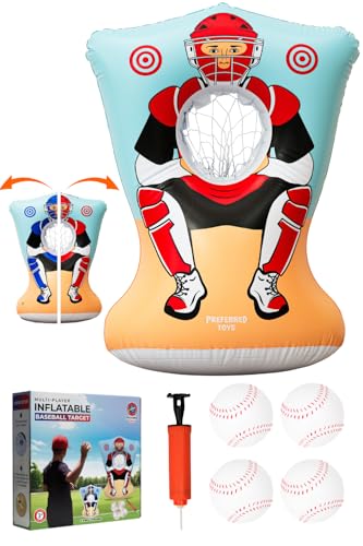 Preferred Toys Inflatable Baseball Pitching Target for Kids 3 and Above - Double-Sided Throwing Toss Game with 4 Soft Balls - Indoor Outdoor Baseball Toys Training Equipment - Red/Blue