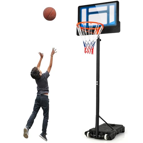 Giantex Basketball Hoop Outdoor Indoor, 4.3 FT-8.2 FT Height Adjustable Basketball Goal Court System w/Fillable Base, Backboard & 2 Wheels, Portable Basketball Hoop for Kids Backyard Driveway - color: Blue