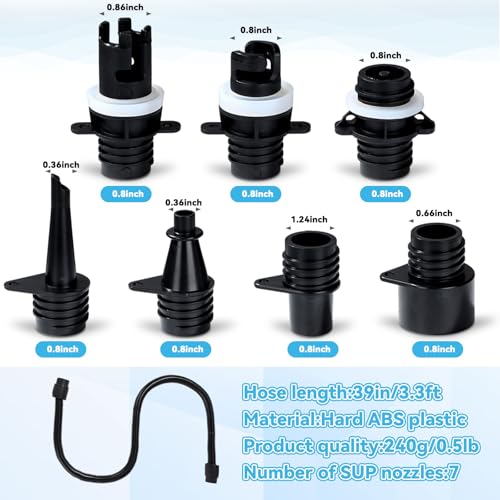 Paddle Board Pump Adapter Set Universal Sup Pump Adaptor Hose with 7 Air Valve Nozzles Boat Air Compressor Valve Converter Swivel Threaded Connector Kits for Inflatable Paddleboard Boat Tent Kayak