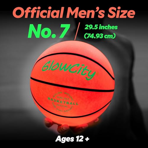 GlowCity Glow in The Dark Basketball - Size 5, 6, 7 Light Up Ball for Kids, Teens & Adults - Night Outdoor Games - Sports Birthday Gifts Ideas for Boys Ages 6 7 8 9 10 11 12 13 14 15 - size: Size 7 - 29.5", style: Rechargeable Rubber (Pump + Box)