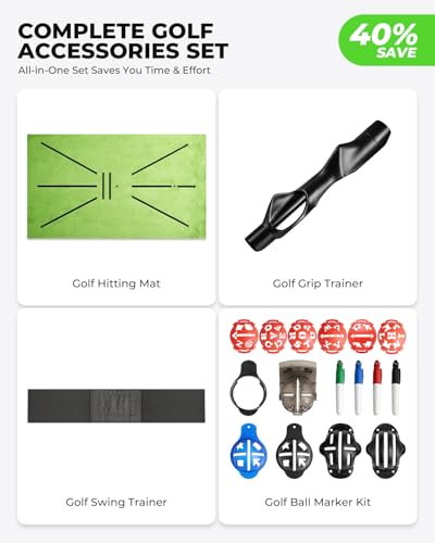 Complete Golf Accessories Set - Golf Grip Trainer, Golf Swing Trainer Arm Band, Golf Hitting Mat and Golf Ball Marker Kit, Golf Training Aid for Improving Swing Technique for Home & Outdoor Practice