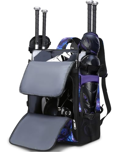 Baseball Softball Catchers Gear Bag for Helmet Chest Protector Leg Guards Cleats Large Baseball Softball Bat Backpack for Boys Girls Catchers Equipment Bag for Youth Adult - color: Black / Purple