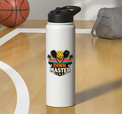 Dink Master Funny Pickleball Player Paddle Sports Stainless Steel Insulated Water Bottle - color: White