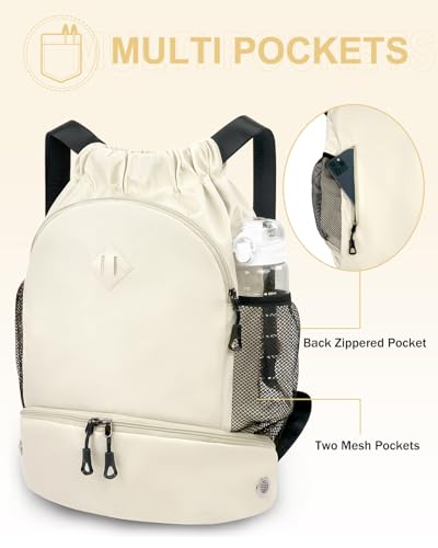 RHDZO Drawstring Backpack Gym Backpack with Shoe Compartment for Men Women String Sports Bag with Wet Pocket Cinch Swim Beach Bag, Large Beige - color: Large Beige