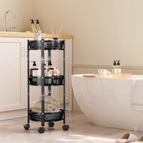 TOOLF 3-Tier Foldable Rolling Cart, Collapsible Metal Utility Cart with Wheels, Assembly-Free, Round Storage Organizer Trolley for Kitchen, Bathroom, Dorm, Nursery, Black