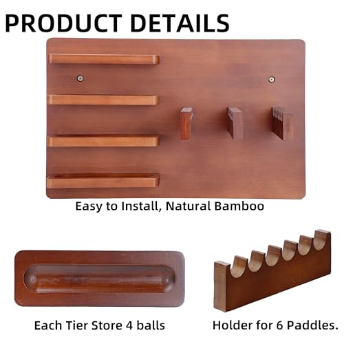 Premium Bamboo Ping Pong Paddle Holder (Rack Only) - Wall Mounted 6-Paddle & 16-Ball Display Stand - Table Tennis Organizer for Home & Office - Paddles and Balls NOT Included
