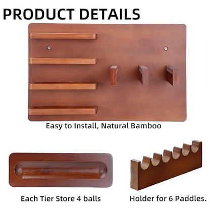 Premium Bamboo Ping Pong Paddle Holder (Rack Only) - Wall Mounted 6-Paddle & 16-Ball Display Stand - Table Tennis Organizer for Home & Office - Paddles and Balls NOT Included
