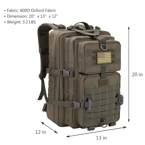 Hannibal Tactical MOLLE Assault Backpack, Tactical Backpack Military Army Camping Rucksack, 3-Day Pack Trip w/USA Flag Patch, D-Rings, Olive