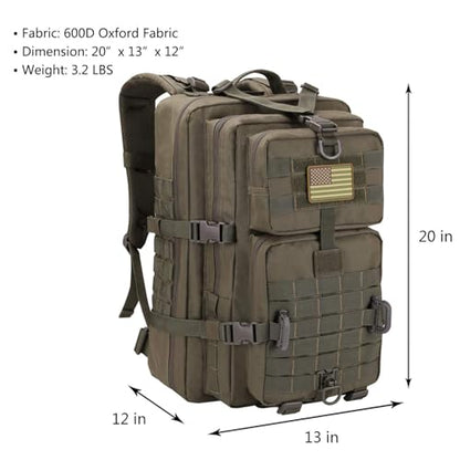 Hannibal Tactical MOLLE Assault Backpack, Tactical Backpack Military Army Camping Rucksack, 3-Day Pack Trip w/USA Flag Patch, D-Rings, Olive