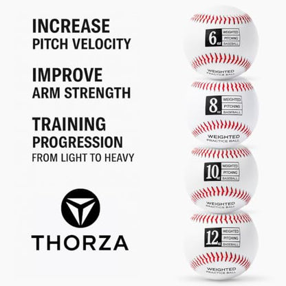 Thorza Weighted Baseballs for Pitching & Throwing Training - Velocity Building Balls for Hitting Practice & Strength Development - Youth to Pro, (6,8,10 and 12 Oz) - Set of 4 (9" Balls)