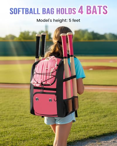 MATEIN Softball Bag, Lightweight Baseball Backpack with Shoe Compartment, Baseball Bag with Fence Hook for TBall Bat & Equipment, Softball Gifts Catchers Backpack for Women Fit Catcher’s Mitt, Helmet - color: Pink Black