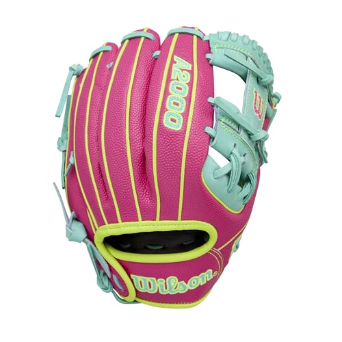Wilson Spring 2026 A2000® Baseball Gloves - color: Flamingo / Seafoam / Optic Yellow, size: Infield: 11.5"