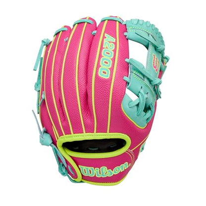 Wilson Spring 2026 A2000® Baseball Gloves - color: Flamingo / Seafoam / Optic Yellow, size: Infield: 11.5"