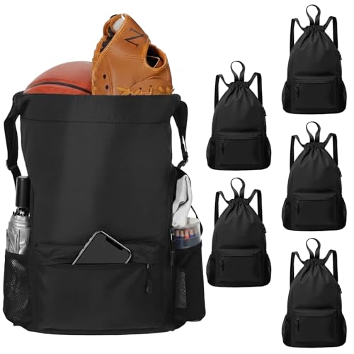 6 Pcs Black Basketball Drawstring Backpack, X-Larger Waterproof Drawstring Gym Bag, Baseball Softball Sports Bag with Water Resistant String Swim Backpack Side Mesh Pocket for Men Women