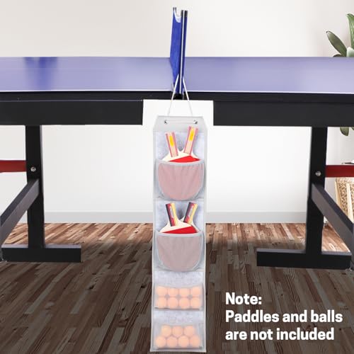 VISEMAN Ping Pong Storage Rack, Table Tennis Racket Holder Wall Mount Organizer for 4 Paddles and Balls - color: Long Gray