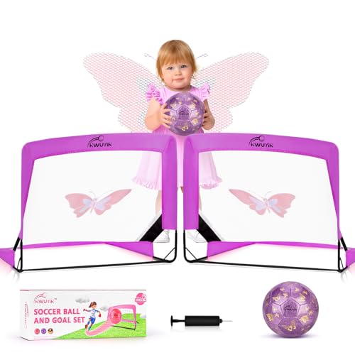 Kids Soccer Goal Set with Size 2 Purple Pink Glitter Butterfly Soccer Ball and Pump 2x1.5ft Portable Butterfly Print Soccer Nets for Toddlers Ages 3-5 - color: Purple Glitter Butterfly
