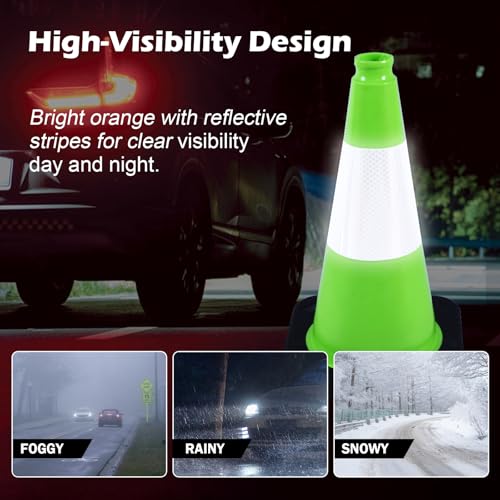 4 Pack 18 Inch Green PVC Traffic Cones Black Base Stable Durable, Parking Lot Driveway School Training Safety Cones Multi-Purpose (4, Green, 18 Inch) - color: Green, size: 18 Inch