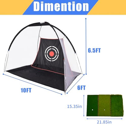 Golf Practice Net with Mat & Accessories: Portable Swing Trainer for Backyard Driving – Durable Target Cloth for Men & Golf Enthusiasts – 10X6X6.5FT Indoor Outdoor Use