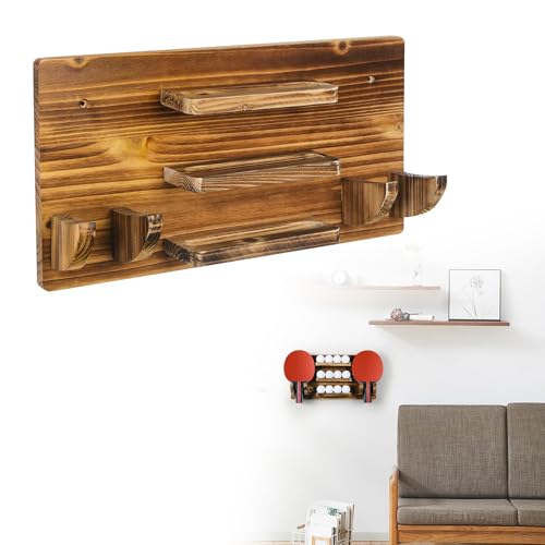 Ping Pong Paddle Holder, Wooden Ping Pong Paddle Holder Wall Mount Storage Rack Wall Mounted Wood Table Tennis Rack Holds 6 Paddles and 12 Balls