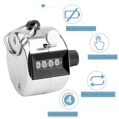 2 Pack Hand Tally Clicker Counter – 4 Digit Metal Mechanical Hand Counter with Lanyard for People Counting, Lap Tracking, Knitting, Pitch, Golf, Coaching, Umpire, Events