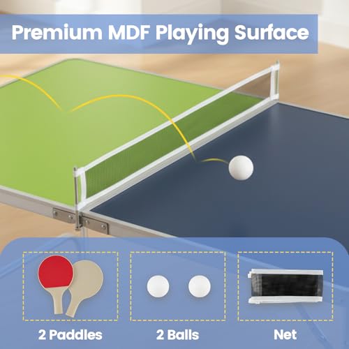 Goplus Foldable Ping Pong Table, 100% Preassembled, Table Tennis Table with Net, 2 Paddles, Ping Pong Balls, Portable Table Tennis Game Set for Indoor Outdoor - style: Blue&Green-48''