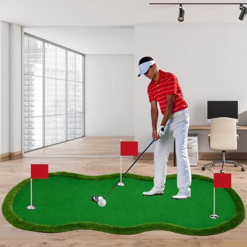 Nice C Putting Green Indoor, Putting Green, Golf Simulators for Home, Golf Putting Mat, Putting Mat Putting Green Outdoor, Challenge Putting Cup, 3 Holes, Flags, and Slope - style: Shaped 5 x 10 Ft Green