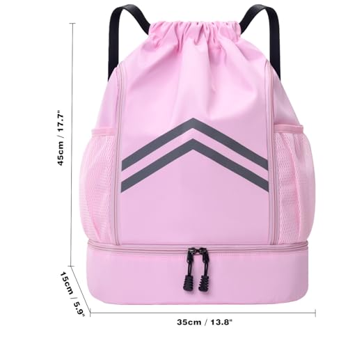 Sports Drawstring Backpack - Water Resistant Gym Bag with Shoes Compartment and Water Bottle Holder Pockets -Drawstring Bag String Cinch Bag for Gym, Travel, Swimming, Beach, Men Women (Pink) - color: Pink
