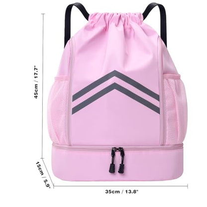 Sports Drawstring Backpack - Water Resistant Gym Bag with Shoes Compartment and Water Bottle Holder Pockets -Drawstring Bag String Cinch Bag for Gym, Travel, Swimming, Beach, Men Women (Pink) - color: Pink