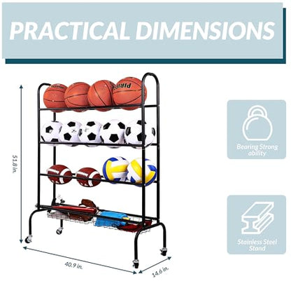 Fitvids Garage Sports Equipment Organizer, Garage Ball Storage, Sports Gear Storage, Garage Organizer with Baskets and Hooks, Rolling Sports Ball Storage Cart, Black, Steel - style: 4-Tier