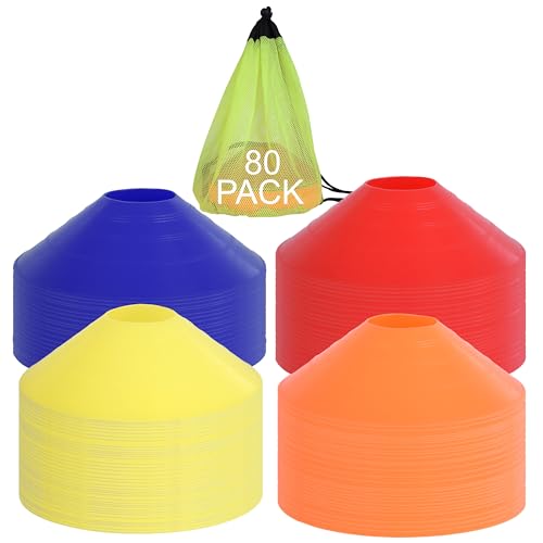 Athllete Durable and Flexible Soccer Cones (Set of 50) - Highly Visible Cones for Sports Training - Ideal Soccer Cones for Training - color: 80 Pack, Blue / Yellow / Red / Orange