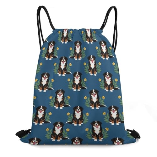 Gym Drawstring Backpack Water Resistant Sackpack with Compartment for Swimming Beach Sports Travel Unisex, Floral Bernese Mountain Dog Navy Blue Bags - color: Picture (355)