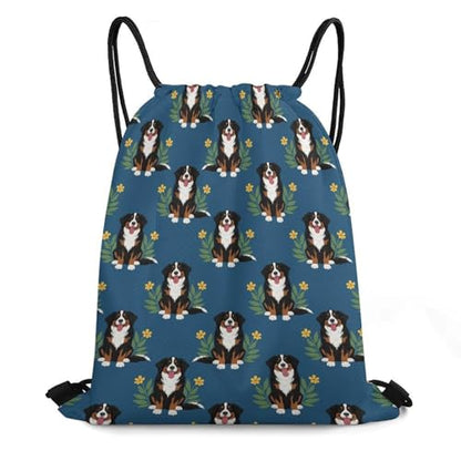 Gym Drawstring Backpack Water Resistant Sackpack with Compartment for Swimming Beach Sports Travel Unisex, Floral Bernese Mountain Dog Navy Blue Bags - color: Picture (355)
