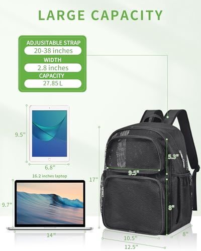 MAY TREE Mesh Backpack Heavy Duty Big Mesh Bag Large Capacity for Travel Beach Hiking Outdoor Sports with Paded Strap, Black - color: Black