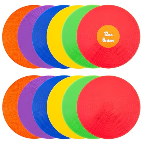 Spot Markers 4 Inch 9 Inch Non Slip Rubber Floor Markers Flat Field Cones Poly Dots for Soccer Basketball Sports Speed Agility Training and Drills - style: 9inch 12pcs 6colors