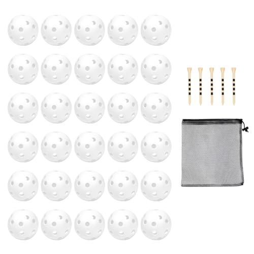 Plastic Golf Balls Practice Limited Flight Golf Training Ball Hollow Swing Practice Indoor Golf Balls with Mesh Drawstring Bag for Backyard Driving Range or Outdoor - color: White 30